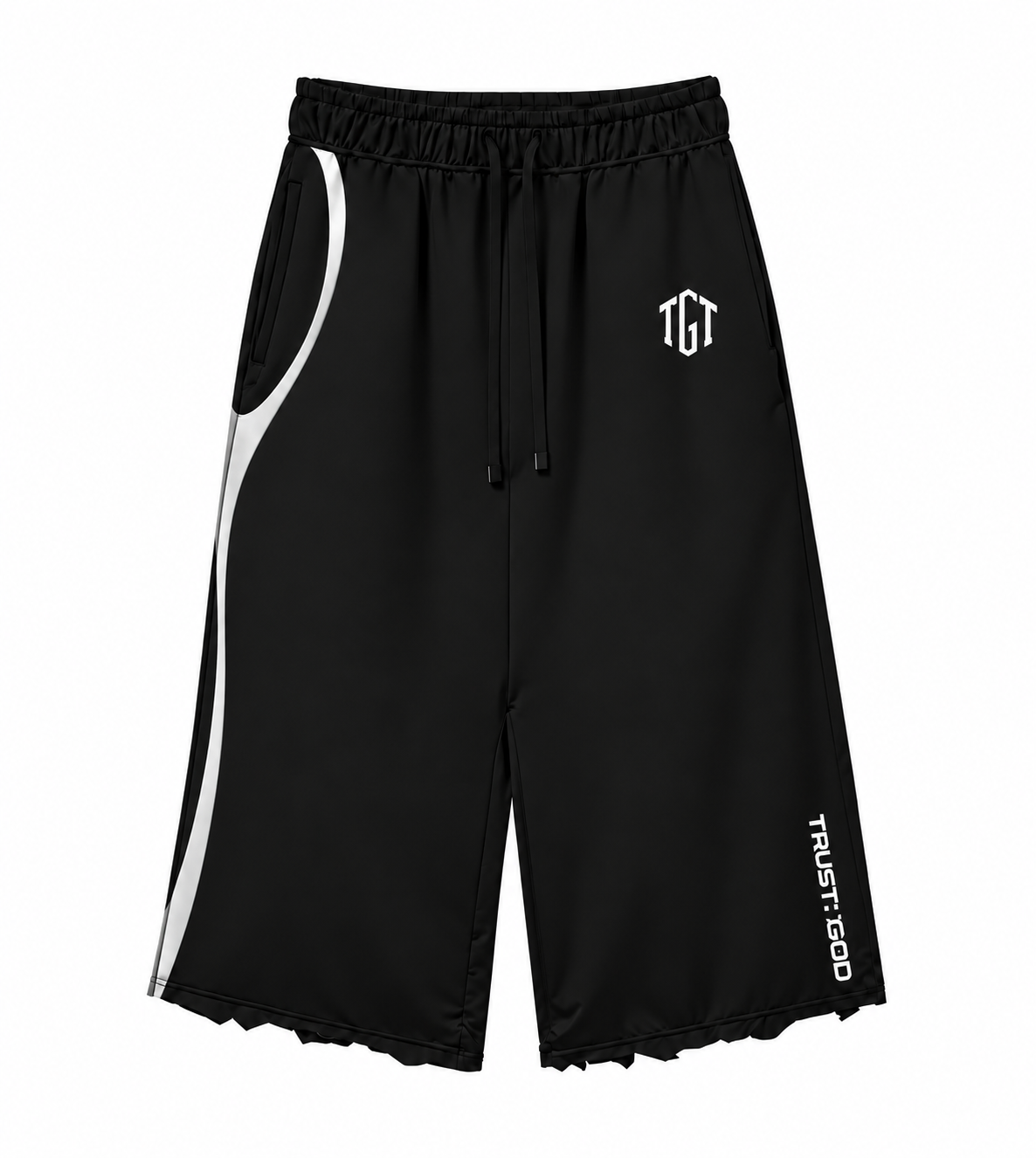 TGT Essentials black cropped sweats with white curved pocket stripe